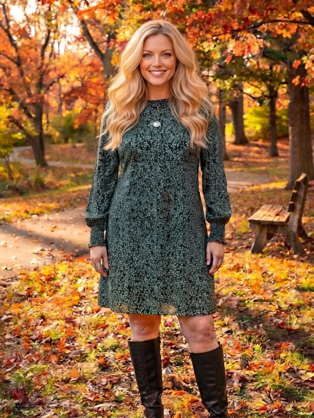 Dokotoo Dark Green Floral Long-Sleeve Smocked-Waist Dress